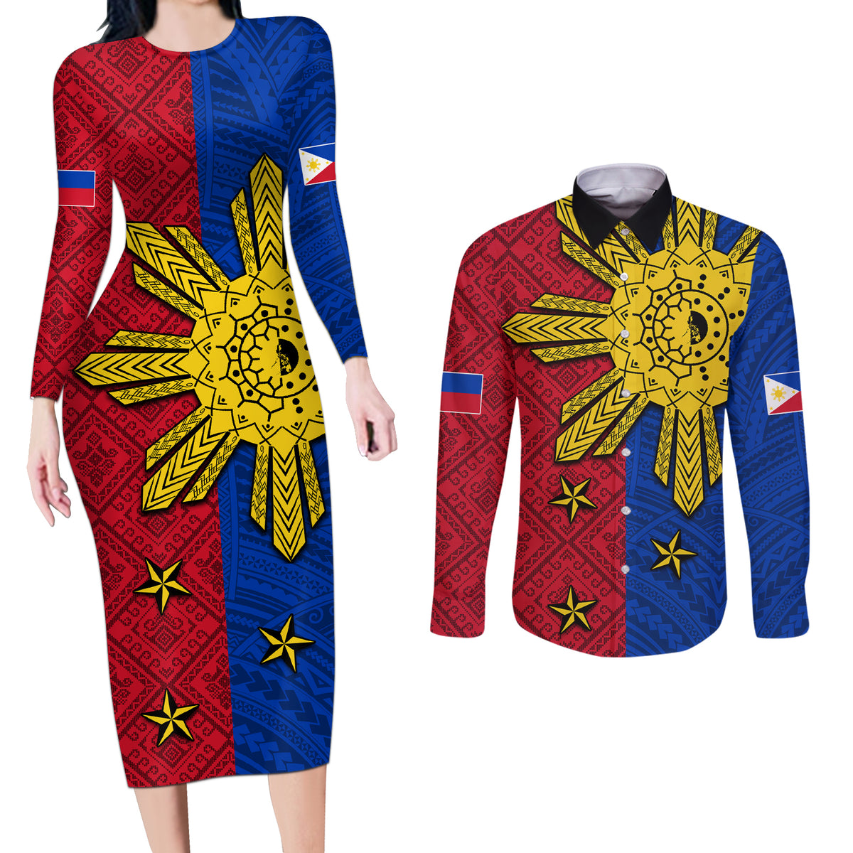 Philippines Sun Batok Tattoo Couples Matching Long Sleeve Bodycon Dress and Long Sleeve Button Shirt Polynesian and Yakan Pattern