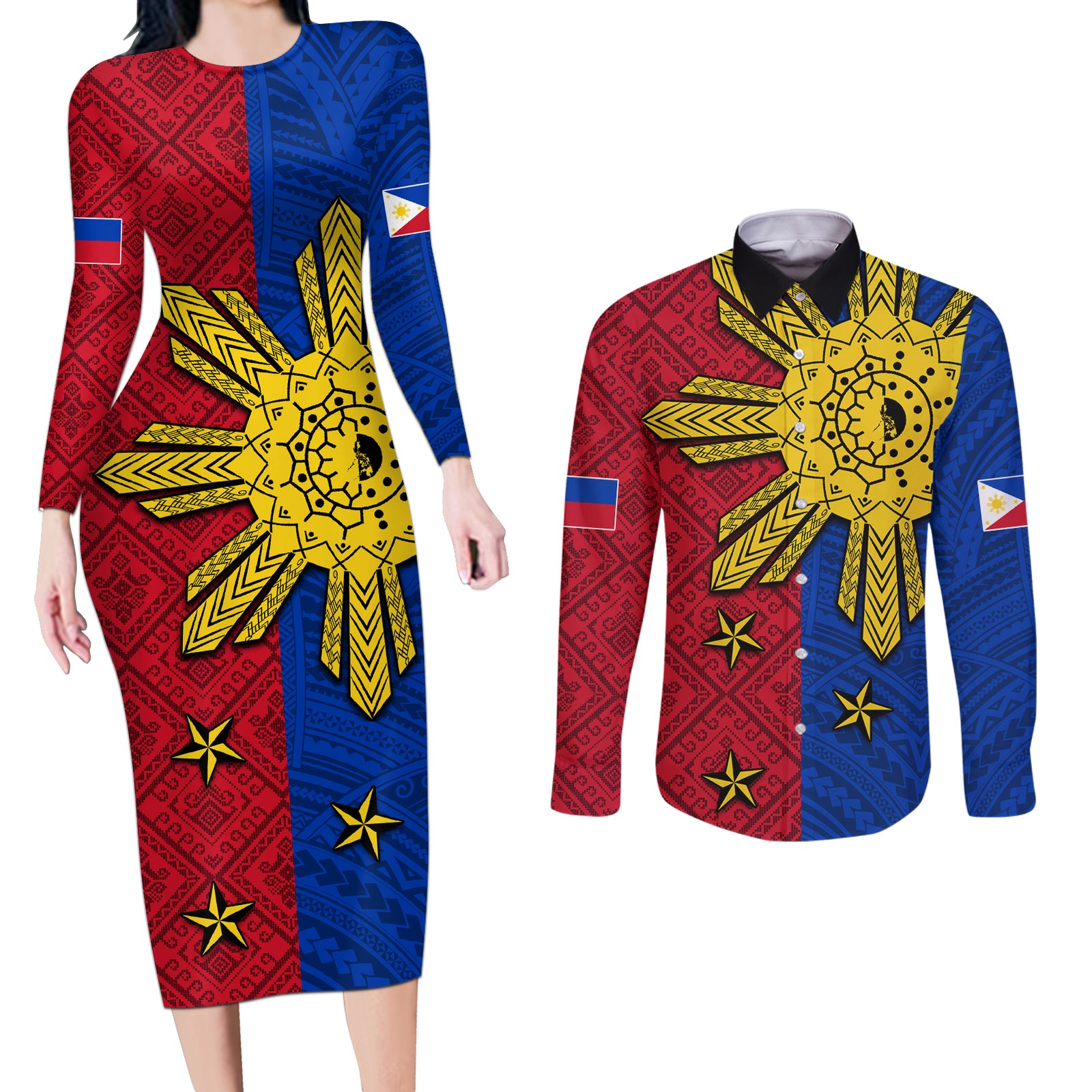 Philippines Sun Batok Tattoo Couples Matching Long Sleeve Bodycon Dress and Long Sleeve Button Shirt Polynesian and Yakan Pattern