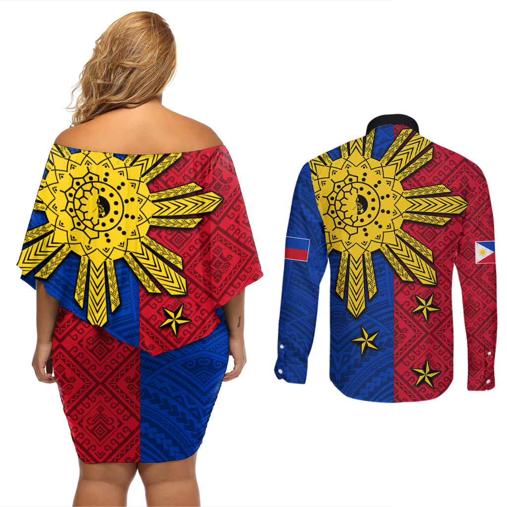 Philippines Sun Batok Tattoo Couples Matching Off Shoulder Short Dress and Long Sleeve Button Shirt Polynesian and Yakan Pattern