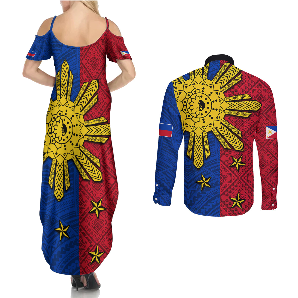 Philippines Sun Batok Tattoo Couples Matching Summer Maxi Dress and Long Sleeve Button Shirt Polynesian and Yakan Pattern