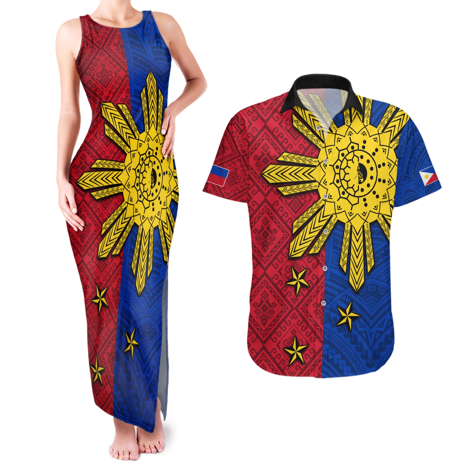 Philippines Sun Batok Tattoo Couples Matching Tank Maxi Dress and Hawaiian Shirt Polynesian and Yakan Pattern