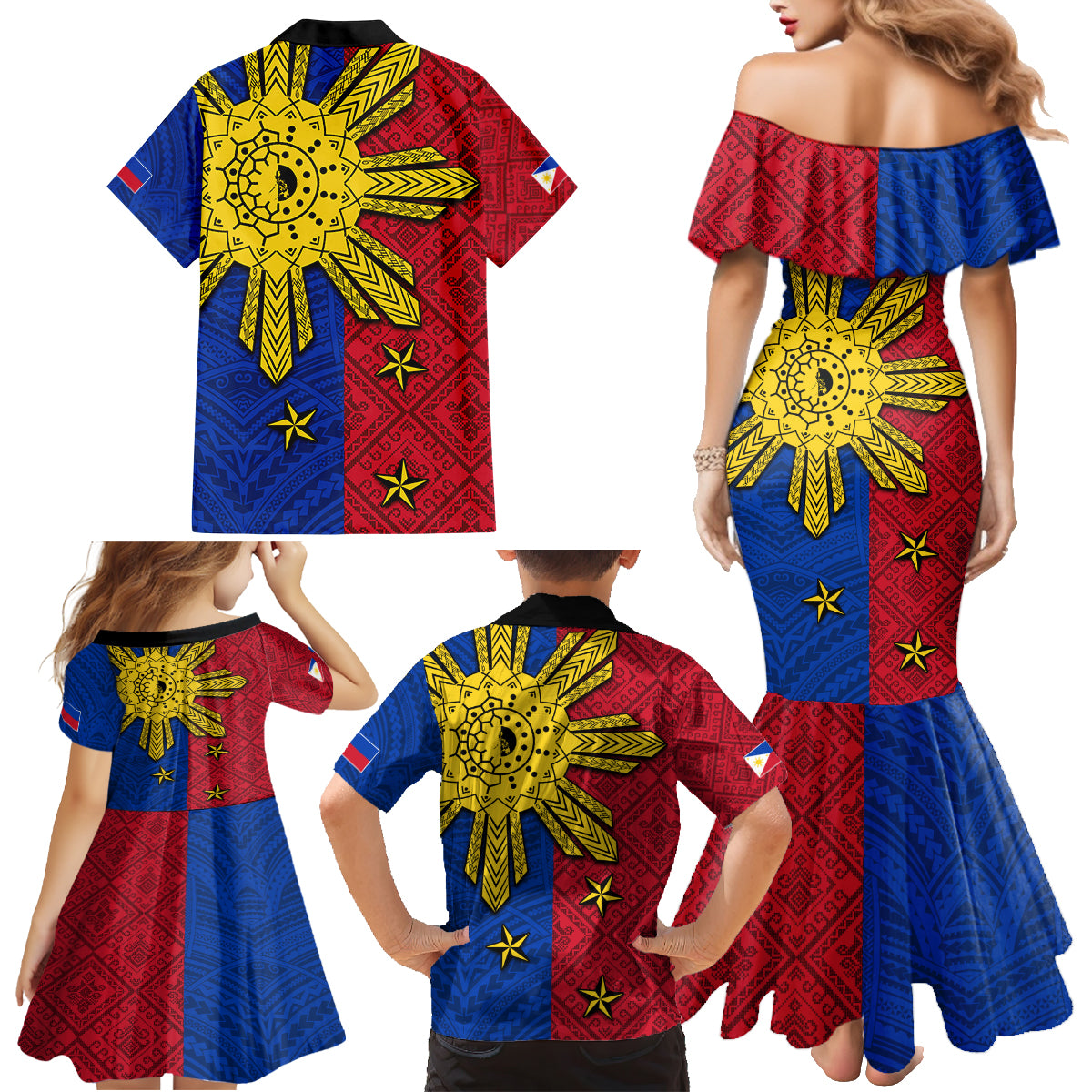 Philippines Sun Batok Tattoo Family Matching Mermaid Dress and Hawaiian Shirt Polynesian and Yakan Pattern