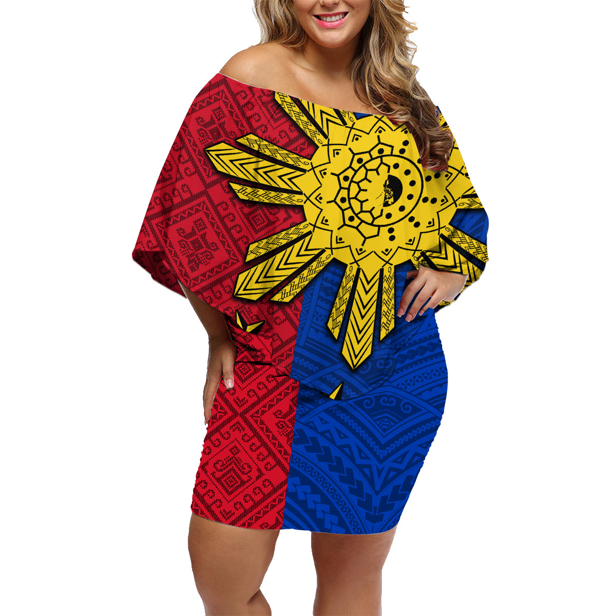 Philippines Sun Batok Tattoo Family Matching Off Shoulder Short Dress and Hawaiian Shirt Polynesian and Yakan Pattern