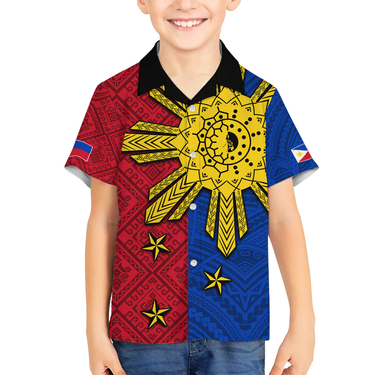 Philippines Sun Batok Tattoo Kid Hawaiian Shirt Polynesian and Yakan Pattern