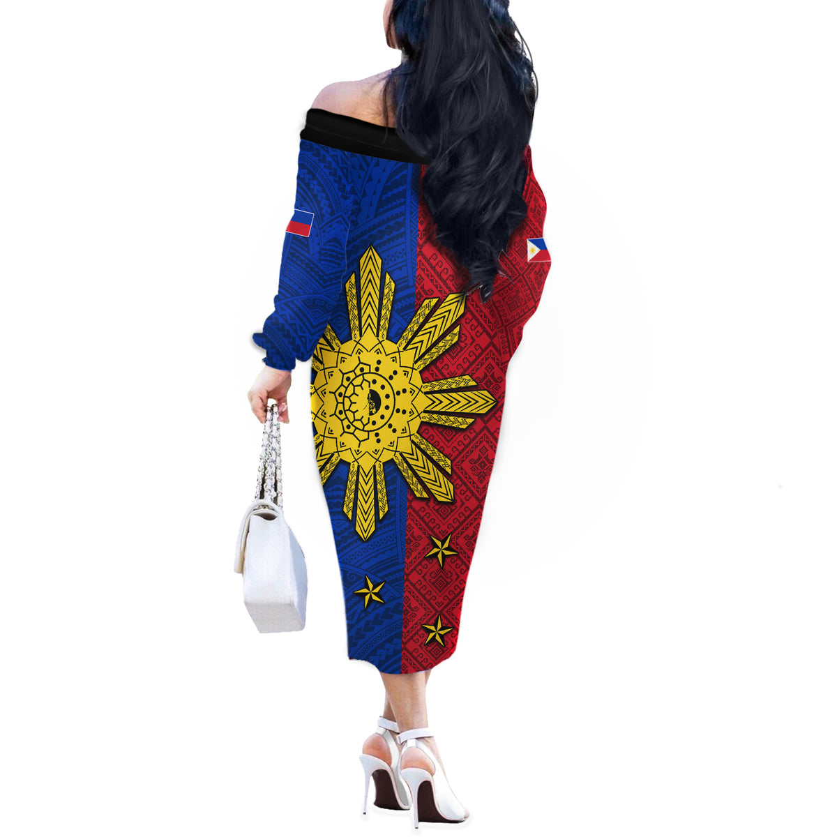Philippines Sun Batok Tattoo Off The Shoulder Long Sleeve Dress Polynesian and Yakan Pattern