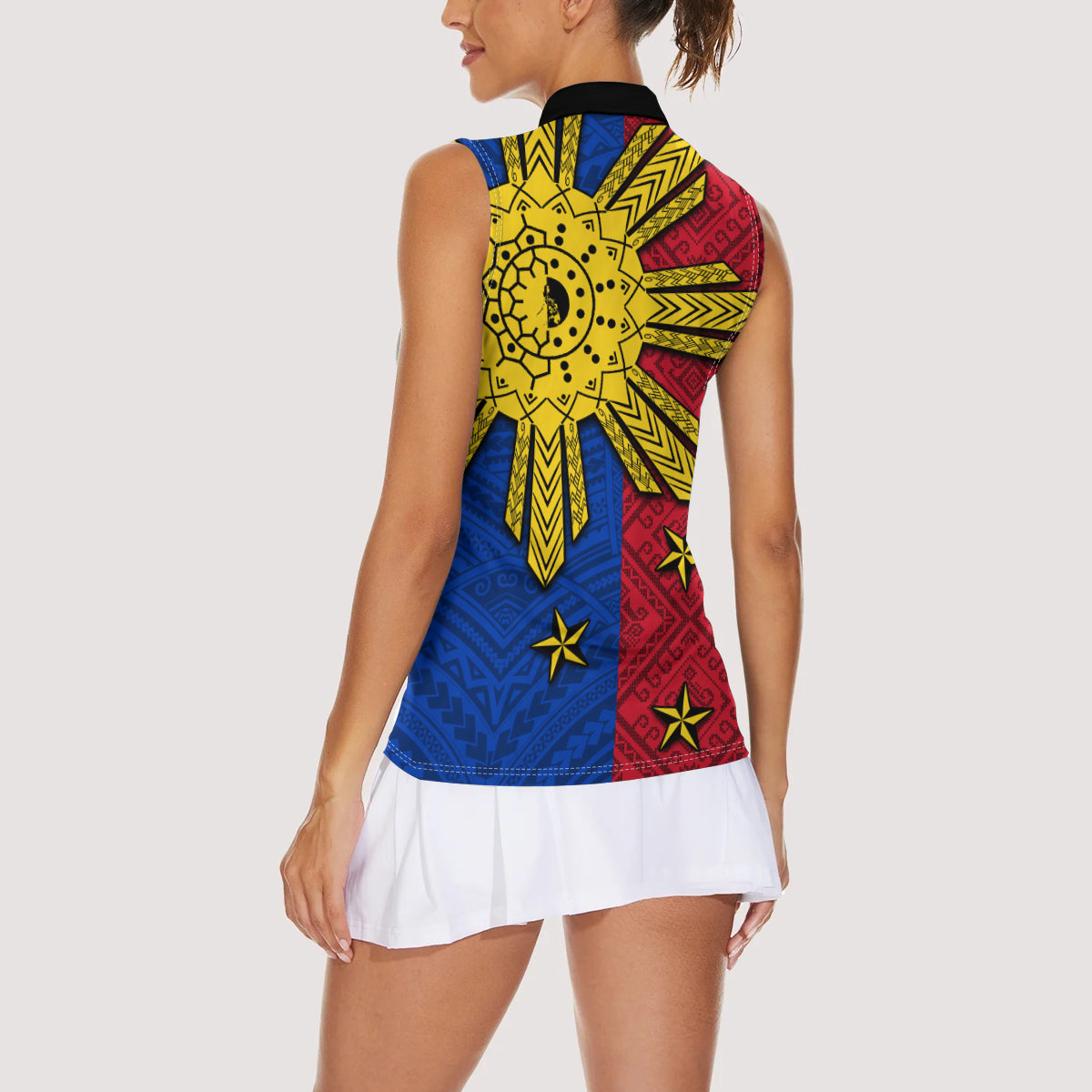 Philippines Sun Batok Tattoo Women Sleeveless Polo Shirt Polynesian and Yakan Pattern