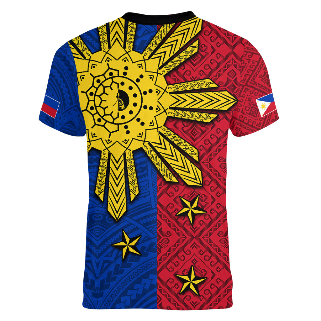 Philippines Sun Batok Tattoo Women V-Neck T-Shirt Polynesian and Yakan Pattern