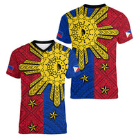 Philippines Sun Batok Tattoo Women V-Neck T-Shirt Polynesian and Yakan Pattern