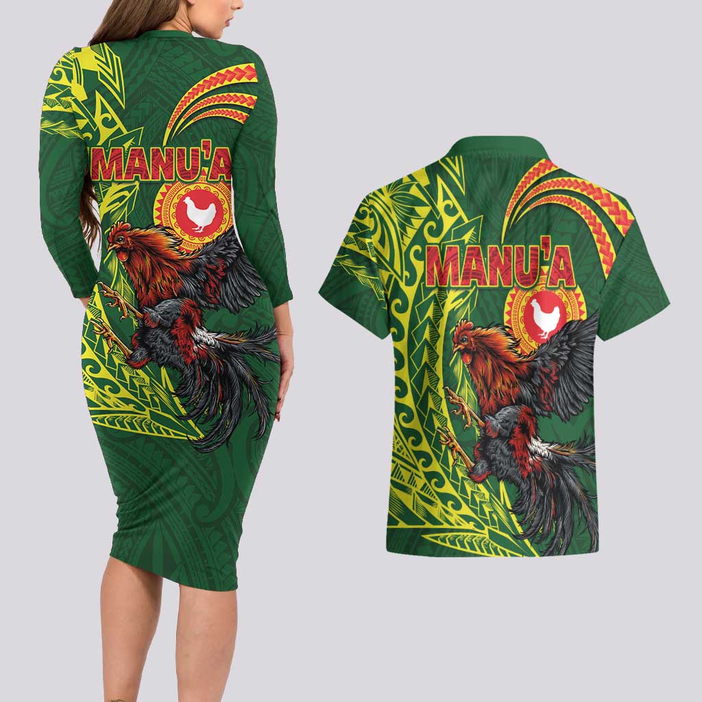 Proud of Manu'a Islands Couples Matching Long Sleeve Bodycon Dress and Hawaiian Shirt Rooster and Polynesian Art Wing Style LT03 - Polynesian Pride