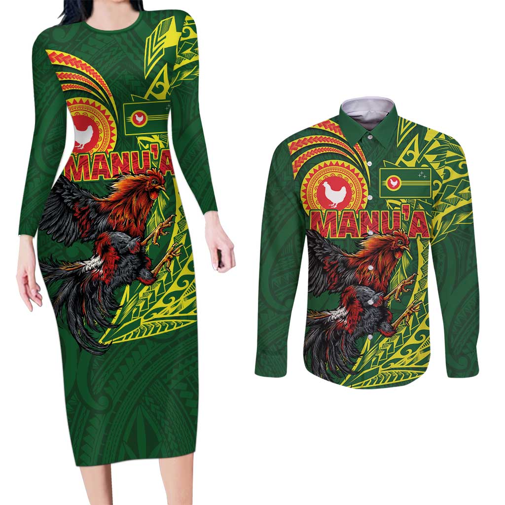 Proud of Manu'a Islands Couples Matching Long Sleeve Bodycon Dress and Long Sleeve Button Shirt Rooster and Polynesian Art Wing Style LT03 Green - Polynesian Pride