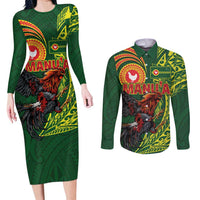 Proud of Manu'a Islands Couples Matching Long Sleeve Bodycon Dress and Long Sleeve Button Shirt Rooster and Polynesian Art Wing Style LT03 Green - Polynesian Pride