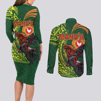Proud of Manu'a Islands Couples Matching Long Sleeve Bodycon Dress and Long Sleeve Button Shirt Rooster and Polynesian Art Wing Style LT03 - Polynesian Pride