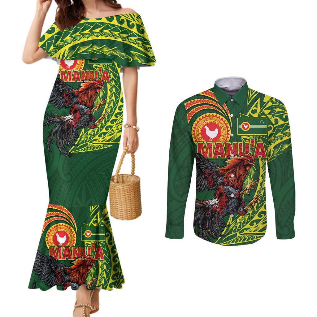 Proud of Manu'a Islands Couples Matching Mermaid Dress and Long Sleeve Button Shirt Rooster and Polynesian Art Wing Style