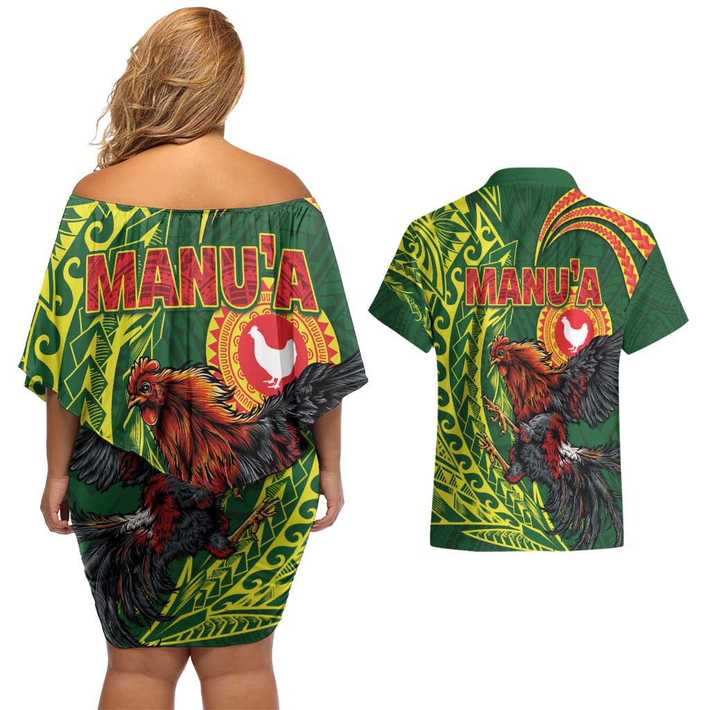 Proud of Manu'a Islands Couples Matching Off Shoulder Short Dress and Hawaiian Shirt Rooster and Polynesian Art Wing Style LT03 - Polynesian Pride