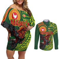 Proud of Manu'a Islands Couples Matching Off Shoulder Short Dress and Long Sleeve Button Shirt Rooster and Polynesian Art Wing Style LT03 Green - Polynesian Pride