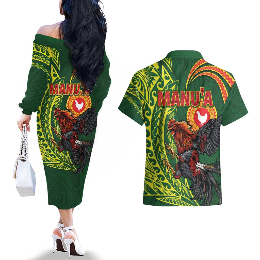 Proud of Manu'a Islands Couples Matching Off The Shoulder Long Sleeve Dress and Hawaiian Shirt Rooster and Polynesian Art Wing Style