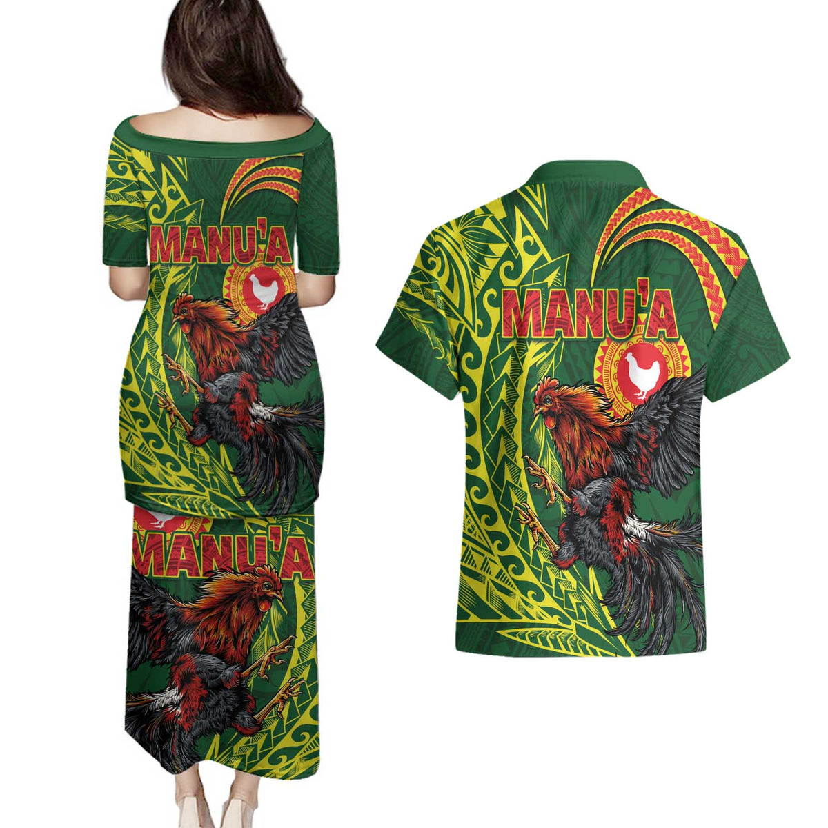 Proud of Manu'a Islands Couples Matching Puletasi and Hawaiian Shirt Rooster and Polynesian Art Wing Style LT03 - Polynesian Pride