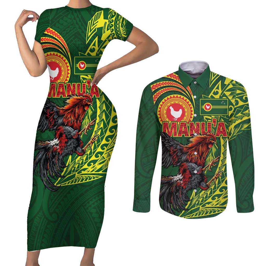 Proud of Manu'a Islands Couples Matching Short Sleeve Bodycon Dress and Long Sleeve Button Shirt Rooster and Polynesian Art Wing Style LT03 Green - Polynesian Pride