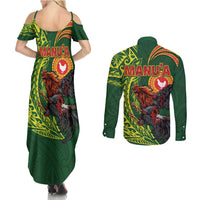 Proud of Manu'a Islands Couples Matching Summer Maxi Dress and Long Sleeve Button Shirt Rooster and Polynesian Art Wing Style LT03 - Polynesian Pride