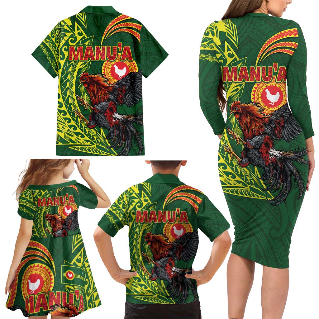 Proud of Manu'a Islands Family Matching Long Sleeve Bodycon Dress and Hawaiian Shirt Rooster and Polynesian Art Wing Style LT03 - Polynesian Pride