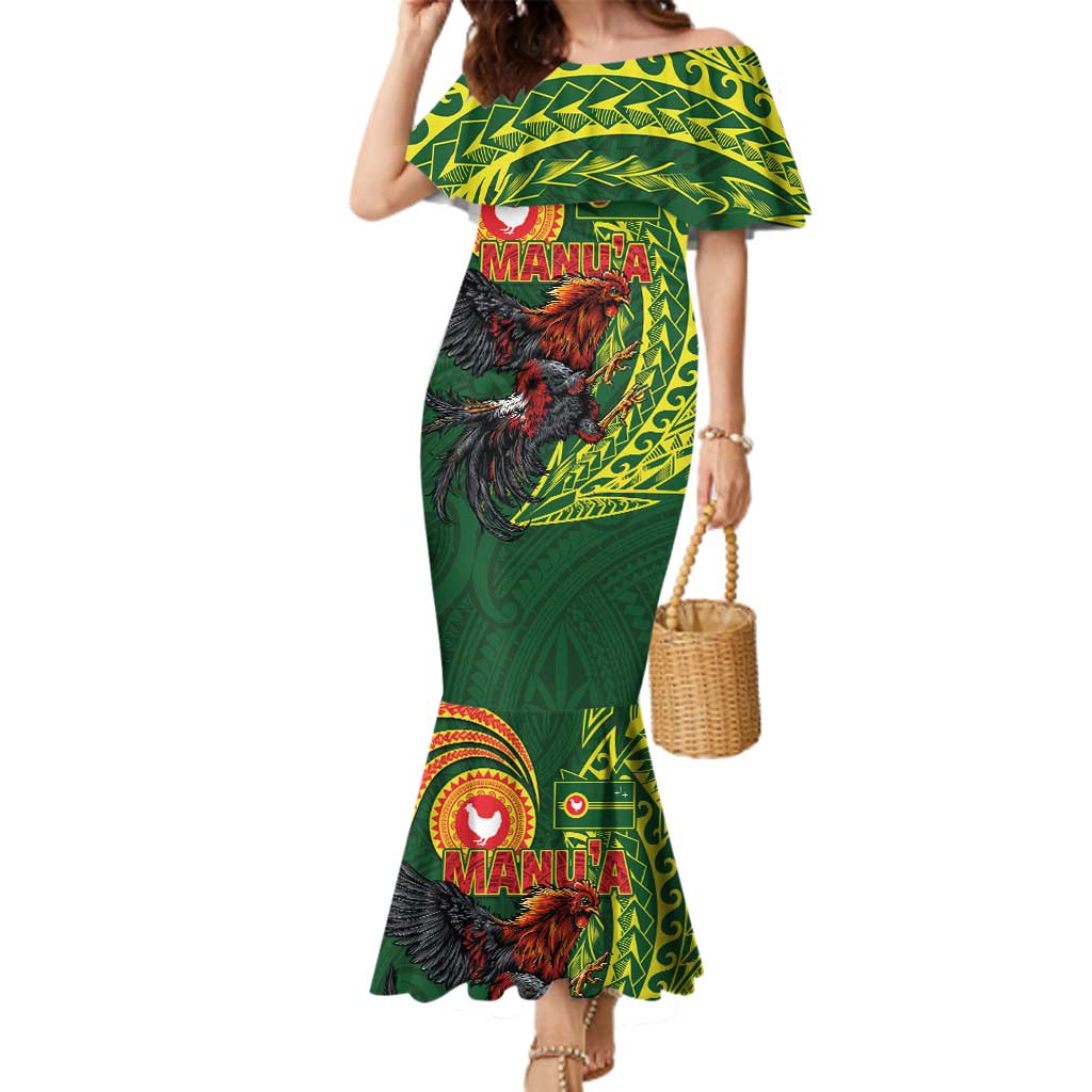 Proud of Manu'a Islands Family Matching Mermaid Dress and Hawaiian Shirt Rooster and Polynesian Art Wing Style LT03 Mom's Dress Green - Polynesian Pride