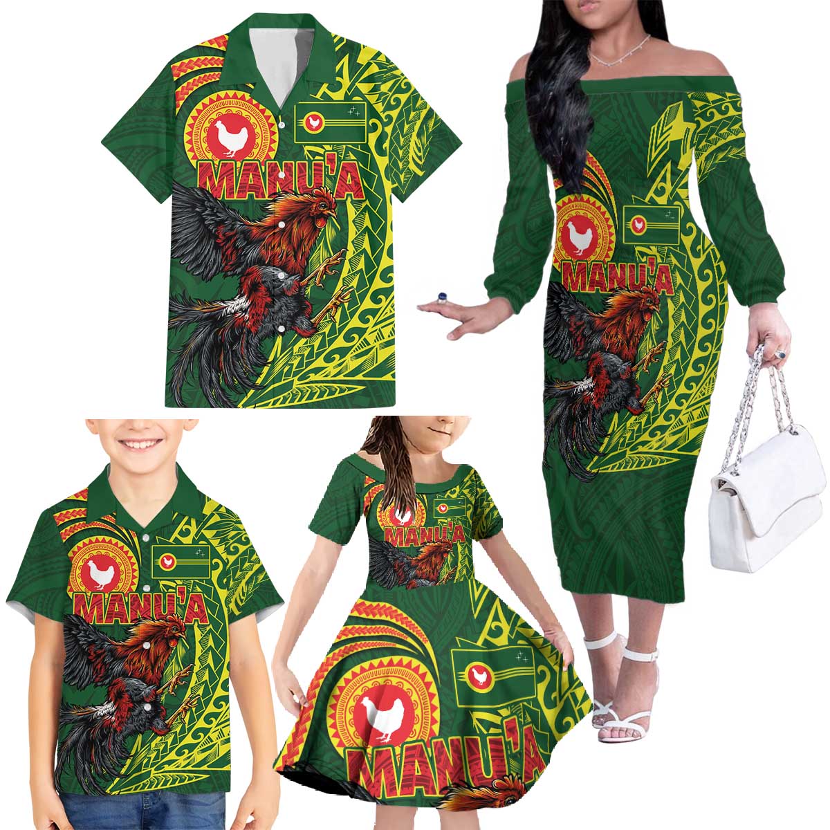 Proud of Manu'a Islands Family Matching Off The Shoulder Long Sleeve Dress and Hawaiian Shirt Rooster and Polynesian Art Wing Style