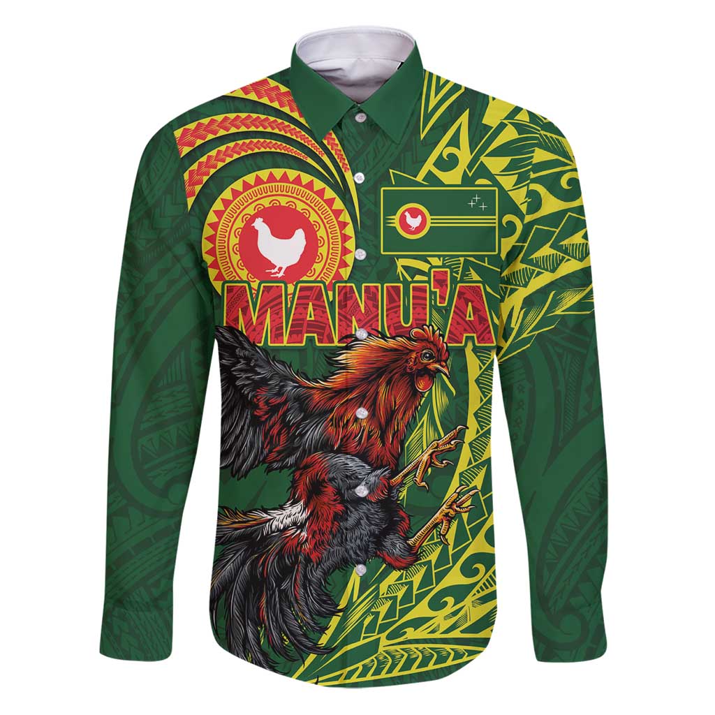 Proud of Manu'a Islands Family Matching Puletasi and Hawaiian Shirt Rooster and Polynesian Art Wing Style LT03 Dad's Shirt - Long Sleeve Green - Polynesian Pride