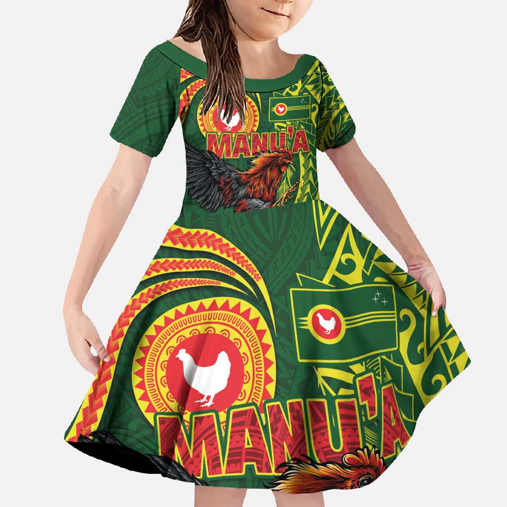 Proud of Manu'a Islands Family Matching Short Sleeve Bodycon Dress and Hawaiian Shirt Rooster and Polynesian Art Wing Style LT03 Daughter's Dress Green - Polynesian Pride