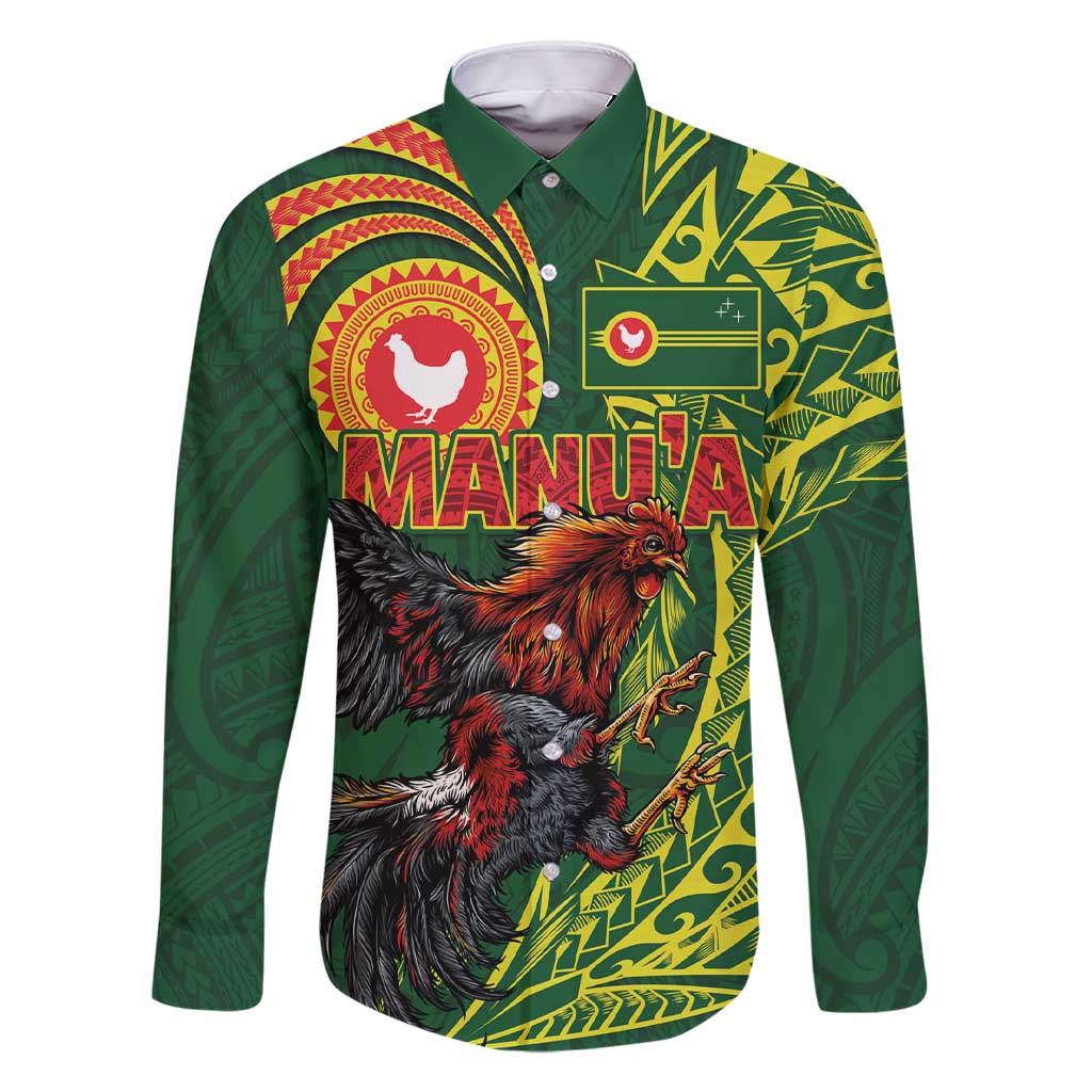 Proud of Manu'a Islands Family Matching Short Sleeve Bodycon Dress and Hawaiian Shirt Rooster and Polynesian Art Wing Style LT03 Dad's Shirt - Long Sleeve Green - Polynesian Pride