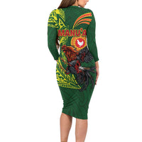 Proud of Manu'a Islands Long Sleeve Bodycon Dress Rooster and Polynesian Art Wing Style