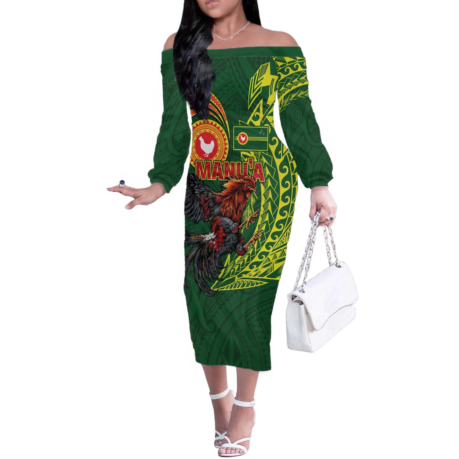 Proud of Manu'a Islands Off The Shoulder Long Sleeve Dress Rooster and Polynesian Art Wing Style