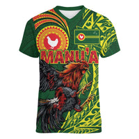 Proud of Manu'a Islands Women V-Neck T-Shirt Rooster and Polynesian Art Wing Style LT03 Female Green - Polynesian Pride