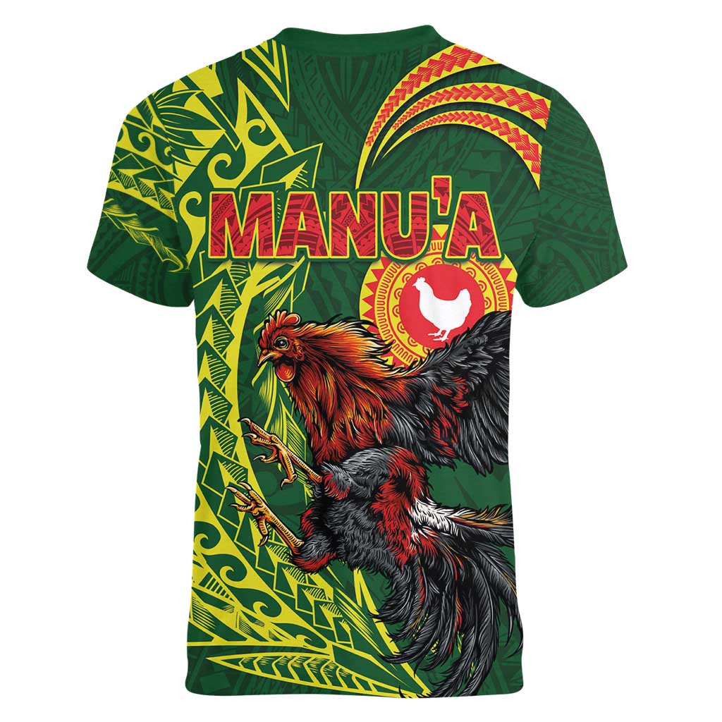 Proud of Manu'a Islands Women V-Neck T-Shirt Rooster and Polynesian Art Wing Style LT03 - Polynesian Pride