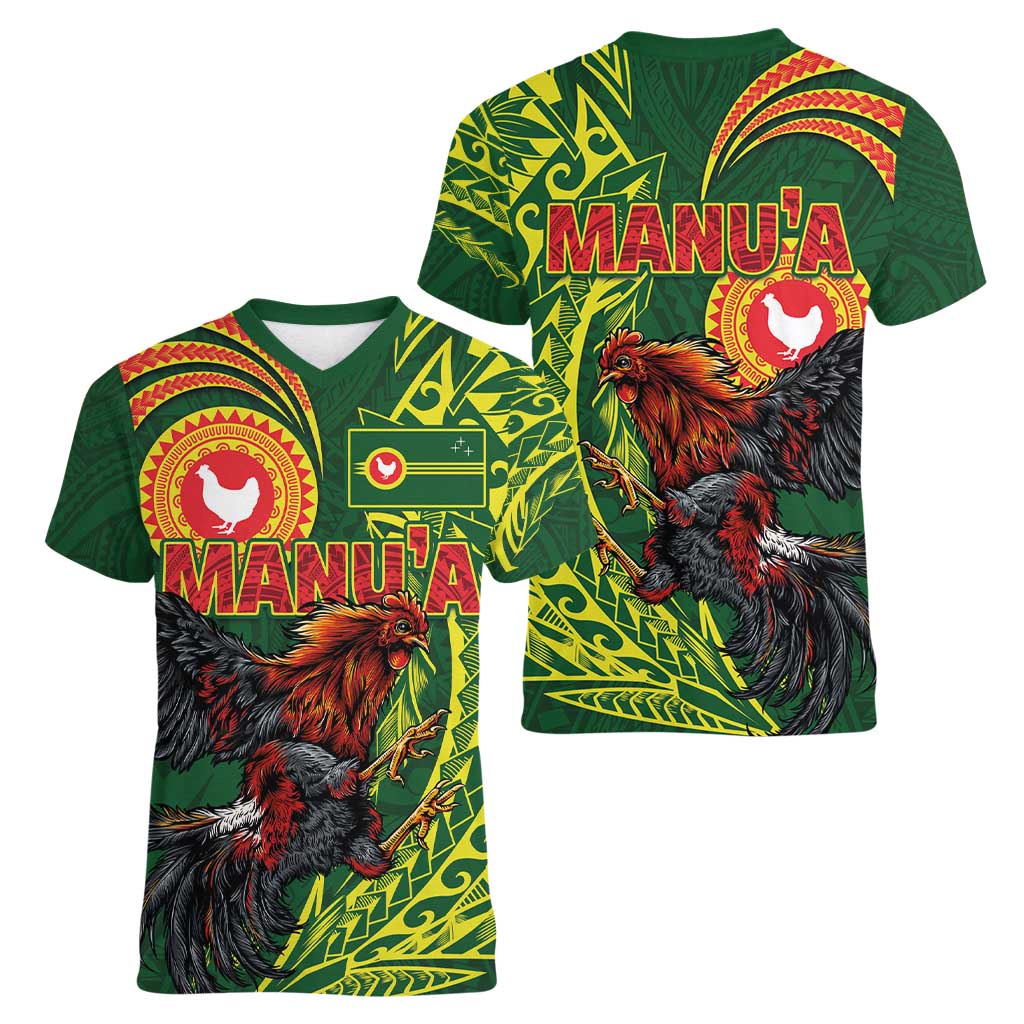 Proud of Manu'a Islands Women V-Neck T-Shirt Rooster and Polynesian Art Wing Style LT03 - Polynesian Pride
