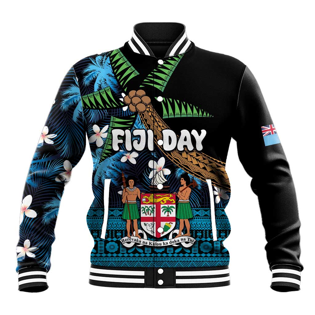 Fiji Day Baseball Jacket Palm Tree With Plumeria Tapa Tribal Pattern LT03 Unisex Blue - Polynesian Pride
