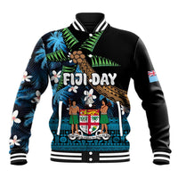 Fiji Day Baseball Jacket Palm Tree With Plumeria Tapa Tribal Pattern LT03 Unisex Blue - Polynesian Pride