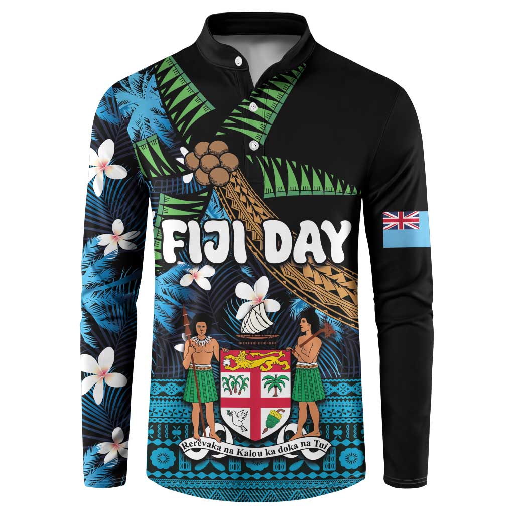 Fiji Day Button Sweatshirt Palm Tree With Plumeria Tapa Tribal Pattern LT03 Blue - Polynesian Pride