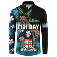 Fiji Day Button Sweatshirt Palm Tree With Plumeria Tapa Tribal Pattern LT03 Blue - Polynesian Pride