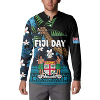Fiji Day Button Sweatshirt Palm Tree With Plumeria Tapa Tribal Pattern LT03 - Polynesian Pride