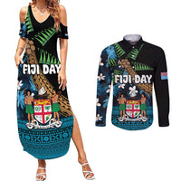 Fiji Day Couples Matching Summer Maxi Dress and Long Sleeve Button Shirt Palm Tree With Plumeria Tapa Tribal Pattern LT03 Blue - Polynesian Pride