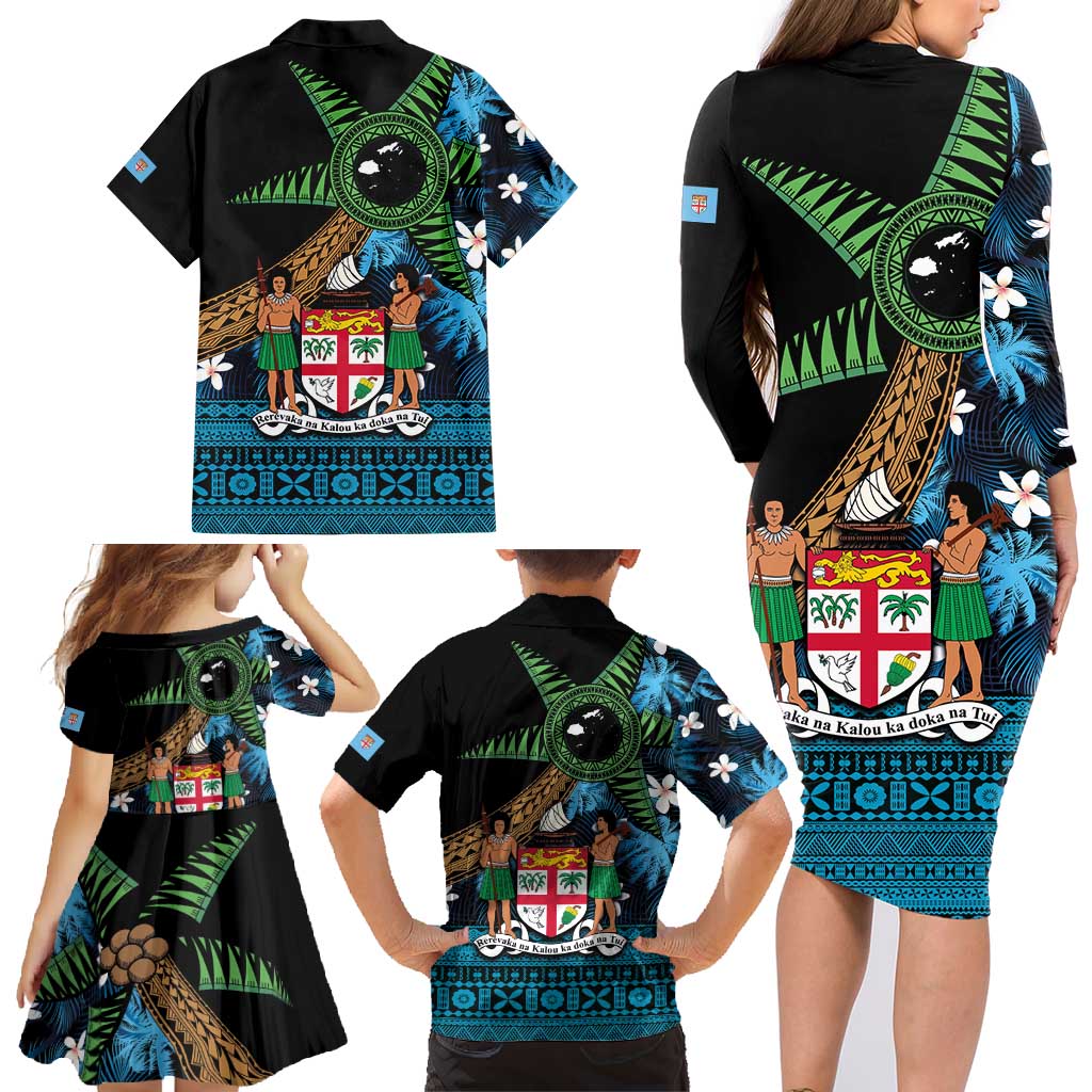 Fiji Day Family Matching Long Sleeve Bodycon Dress and Hawaiian Shirt Palm Tree With Plumeria Tapa Tribal Pattern LT03 - Polynesian Pride
