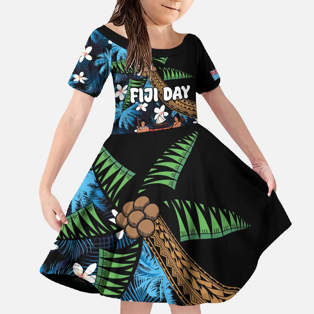 Fiji Day Family Matching Mermaid Dress and Hawaiian Shirt Palm Tree With Plumeria Tapa Tribal Pattern LT03 Daughter's Dress Blue - Polynesian Pride