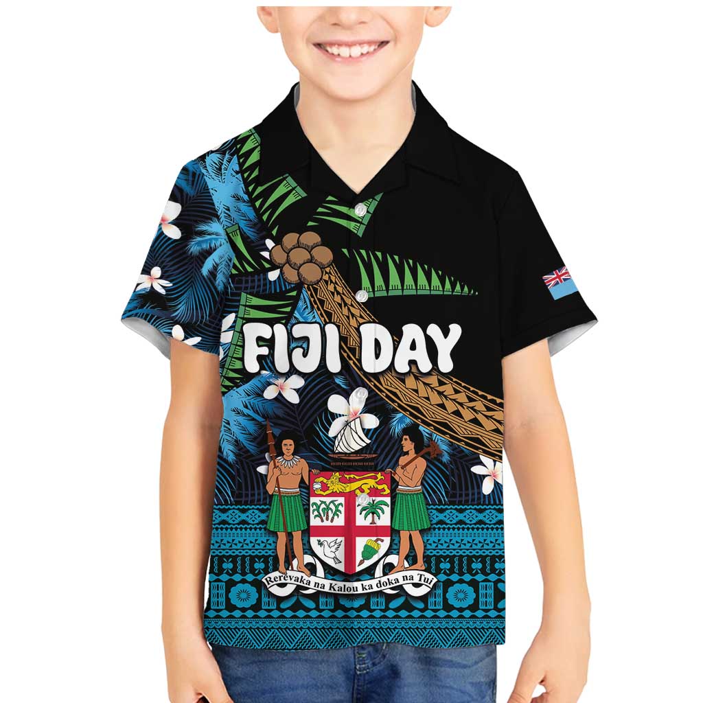 Fiji Day Family Matching Mermaid Dress and Hawaiian Shirt Palm Tree With Plumeria Tapa Tribal Pattern LT03 Son's Shirt Blue - Polynesian Pride