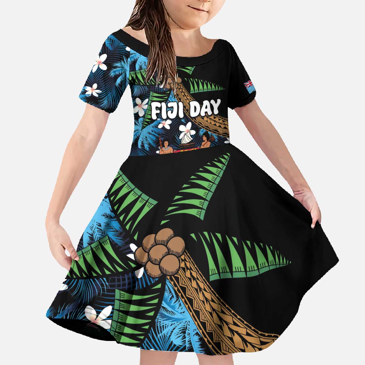 Fiji Day Family Matching Off The Shoulder Long Sleeve Dress and Hawaiian Shirt Palm Tree With Plumeria Tapa Tribal Pattern