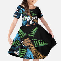 Fiji Day Family Matching Short Sleeve Bodycon Dress and Hawaiian Shirt Palm Tree With Plumeria Tapa Tribal Pattern LT03 Daughter's Dress Blue - Polynesian Pride