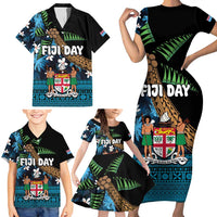 Fiji Day Family Matching Short Sleeve Bodycon Dress and Hawaiian Shirt Palm Tree With Plumeria Tapa Tribal Pattern LT03 - Polynesian Pride