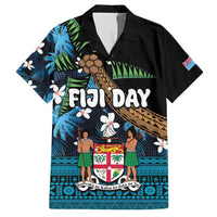 Fiji Day Family Matching Short Sleeve Bodycon Dress and Hawaiian Shirt Palm Tree With Plumeria Tapa Tribal Pattern LT03 Dad's Shirt - Short Sleeve Blue - Polynesian Pride