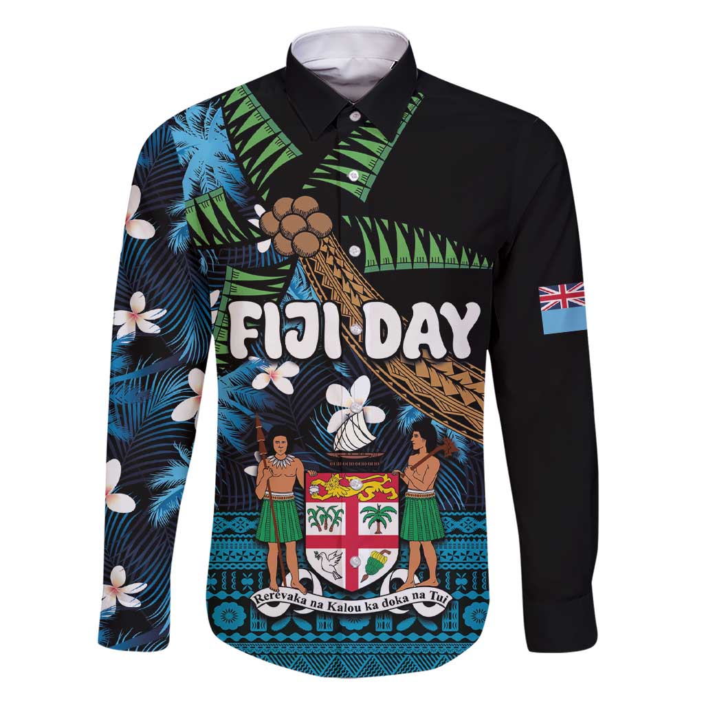 Fiji Day Family Matching Short Sleeve Bodycon Dress and Hawaiian Shirt Palm Tree With Plumeria Tapa Tribal Pattern LT03 Dad's Shirt - Long Sleeve Blue - Polynesian Pride