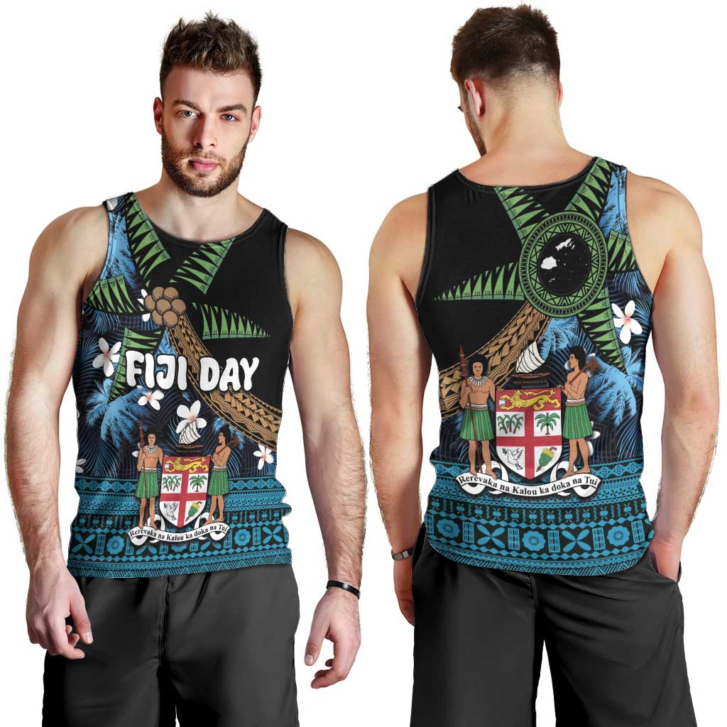 Fiji Day Men Tank Top Palm Tree With Plumeria Tapa Tribal Pattern