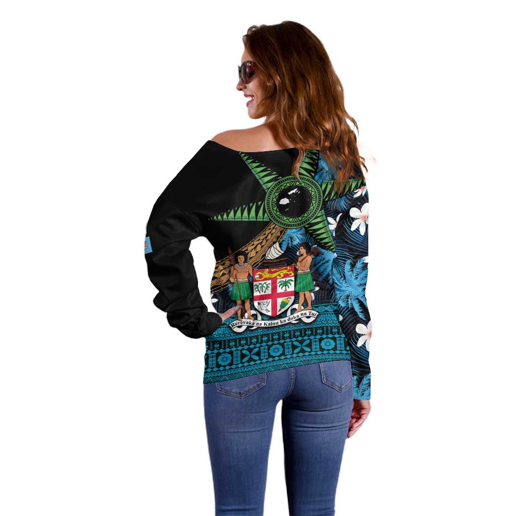Fiji Day Off Shoulder Sweater Palm Tree With Plumeria Tapa Tribal Pattern LT03 - Polynesian Pride